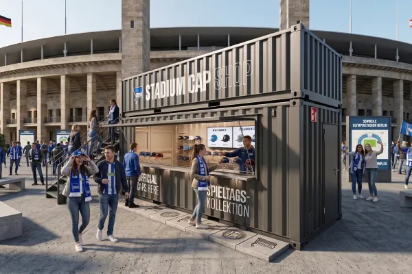 Merchandising-Container – Mobiler Fan-Shop - Foto Ein dunkelgrauer Merchandising-Container in Doppelstock-Optik, konfiguriert als „Stadium Cap Shop“ vor dem Berliner Olympiastadion, mit Fans und Verkaufspersonal an der Theke.