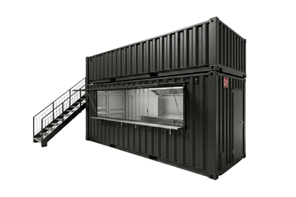 20 Fuß Kiosk Container mit Dachterrasse - Variante 2 - Foto Zweistöckiger, anthrazitfarbener 20 Fuß Kiosk-Seecontainer mit geöffneter Verkaufsklappe, vorbereitetem Innenraum und einer außenliegenden Stahltreppe zur oberen Dachterrasse vor weißem Hintergrund.