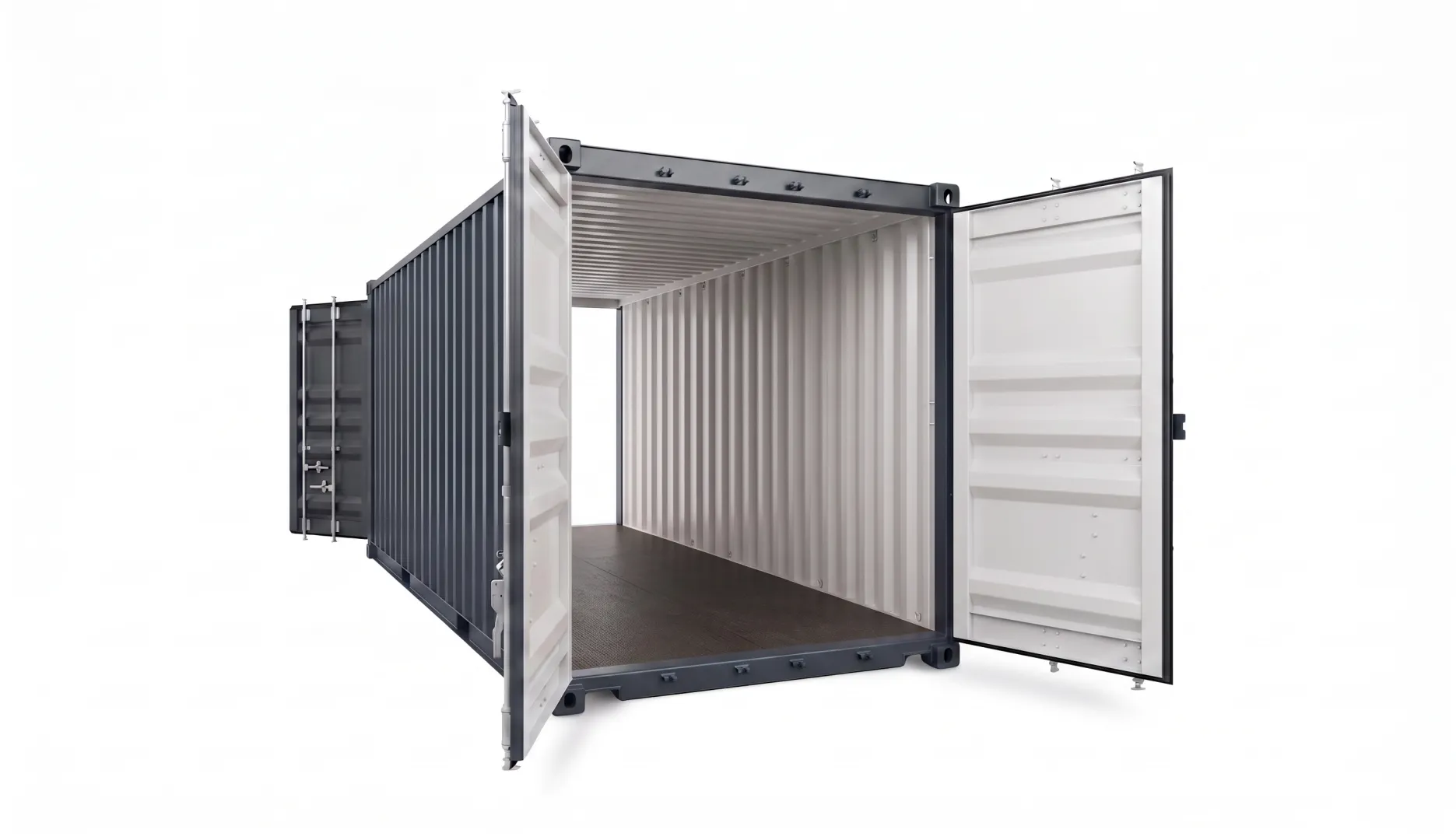 Der 40ft High Cube Double Door Container in Anthrazit (RAL 7016) bietet beidseitigen Zugang für Kulissenlagerung und Event-Passagen. Anthrazitfarbener 40ft High Cube Double Door Tunnelcontainer für Event-Logistik und Kulissenbau