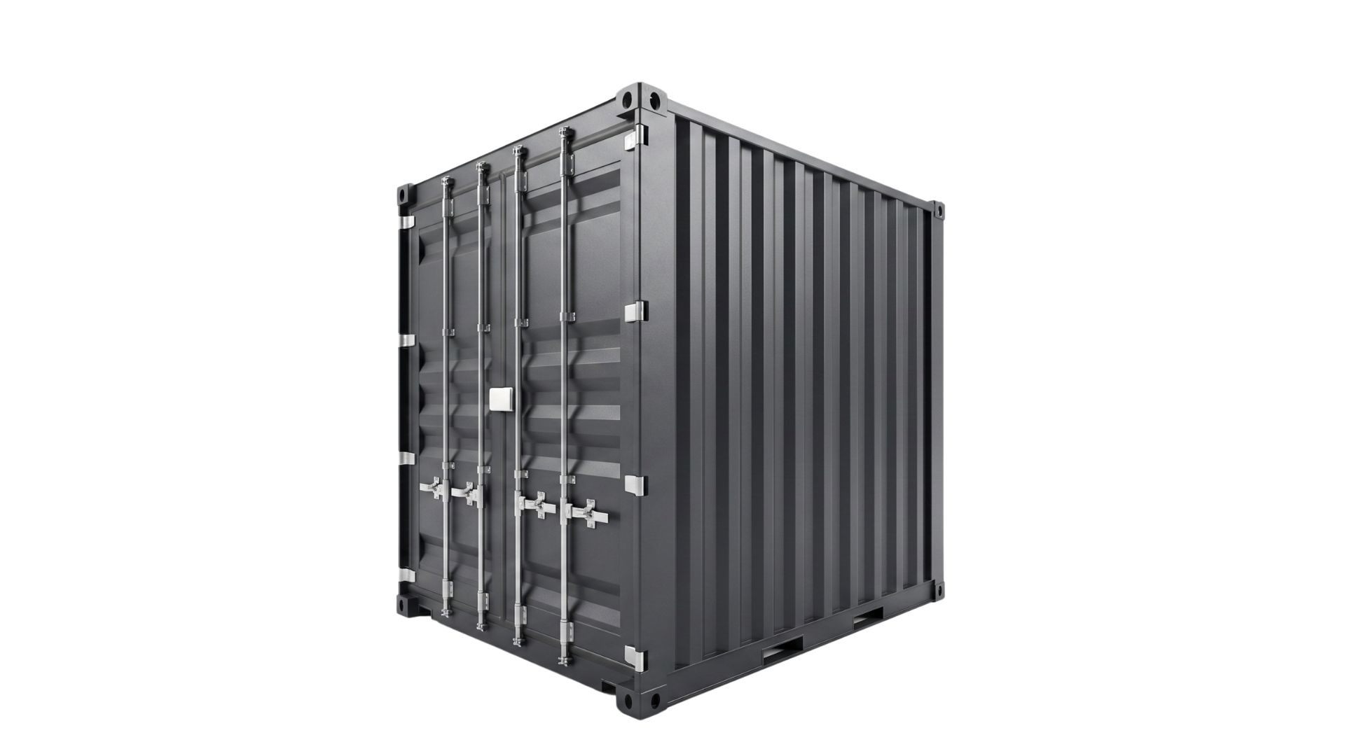 Anthrazitfarbener 10 Fuß High Cube Double Door Container mit geöffneten Flügeltüren an beiden Stirnseiten