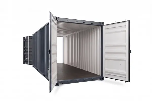 20 Fuß High Cube Double Door Container - Foto Dunkelgrauer 20 Fuß High Cube Double Door Container in Dreiviertelansicht mit geöffneten Flügeltüren